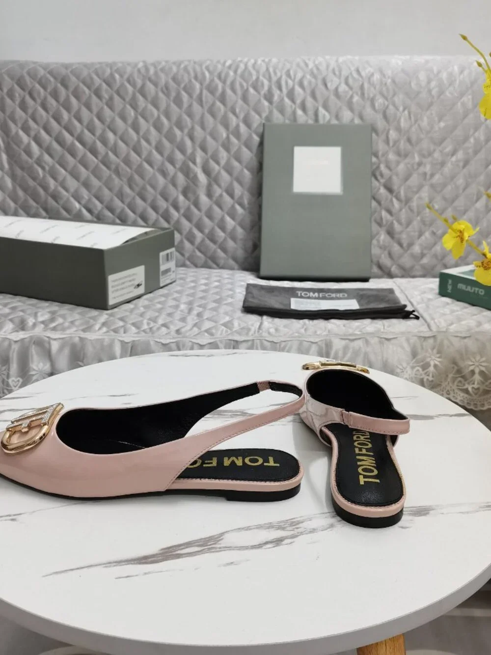 Tom Ford Nude Pink Rhinestone TF-Logo Pointed-Toe Flats